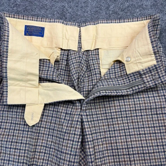 VTG Pendleton Wool Pants 32x29 60s 70s Beige Blue Plaid Check Trousers USA Made - Picture 12 of 16